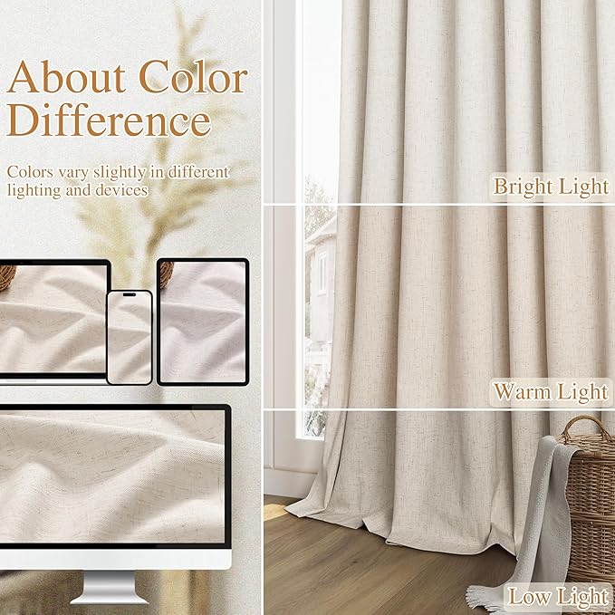 Guken 100% Blackout Linen Curtains 63 Inch Length 2 Panels Set for Living Room Bedroom Back Tab Thermal Insulated Black Out Drapes Room Darkening Farmhouse Style for Bedroom Window Curtains 52x63