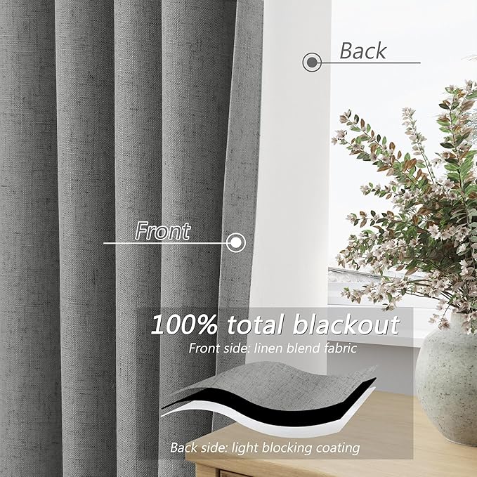 Guken 100% Blackout Linen Curtains 120 Inch Length 2 Panels Set for Living Room Bedroom Back Tab Thermal Insulated Black Out Linen Drapes Room Darkening Window Curtains,Dark Grey