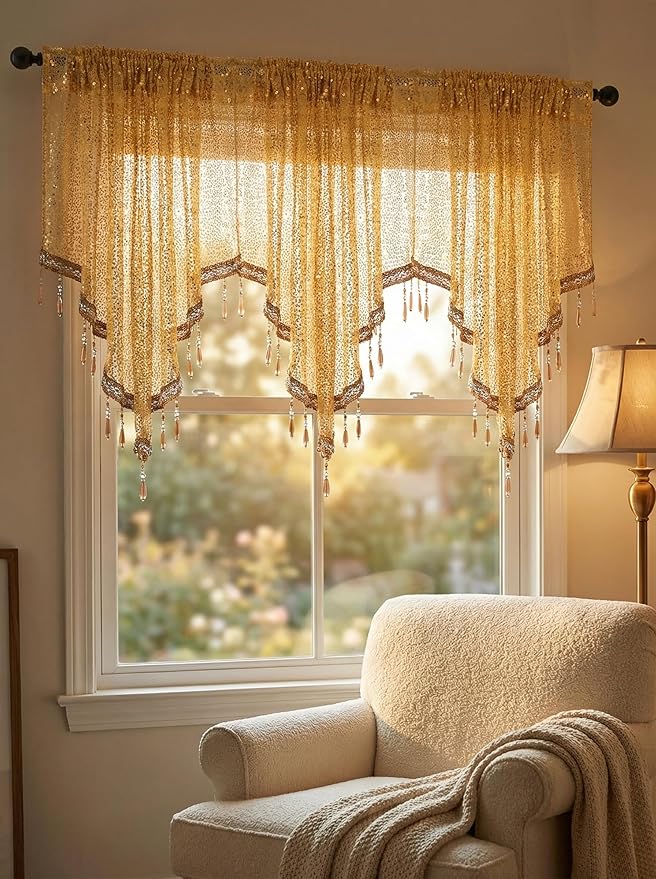 Molaxhome Swag Curtain 51 inch Length Rod Pocket Scalloped Curtain Valance Sheer Lace Panels with Hanging Crystal Beads for Kitchen Bedroom Window Treatments Drape Decor 1pc (Sequin Yellow, 51Wx23L)