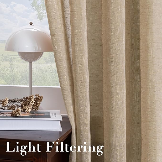 H.VERSAILTEX Linen Curtains Flax Linen Blended Curtain Panels for Living Room/Bedroom Semi Sheer Privacy Curtains 96 inch Length 2 Panels Set Nickel Grommet Window Drapes, Taffy