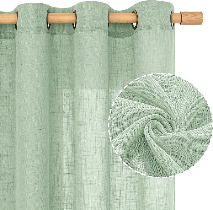 LAMIT Fresh Green Linen Curtains 72 Inch Length for Living Room, Soft Thick Linen Textured Window Drapes Semi Sheer Light Filtering Bronze Grommet Panels Rustic Country Decor, 2 Panels, 52 x 72 Inch