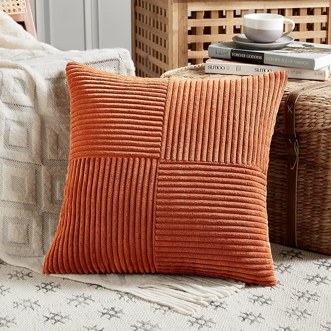 Fancy Homi Set of 2 Burnt Orange Samll Decorative Throw Pillow Covers 14x14 Inch for Living Room Couch Bed, Boho Farmhouse Fall Home Decor, Soft Corss Corduroy Patchwork Textured Cushion Case 35x35cm