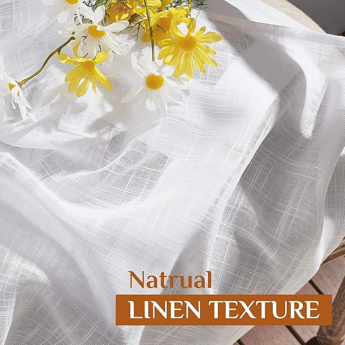 NICETOWN White Sheer Curtains 54 inch Length for Nursery, Rod Pocket & Back Tab Linen Blend Window Treatments Semi Sheer Privacy with Light Filter for Kids Room, W52 x L54, 2 Panels