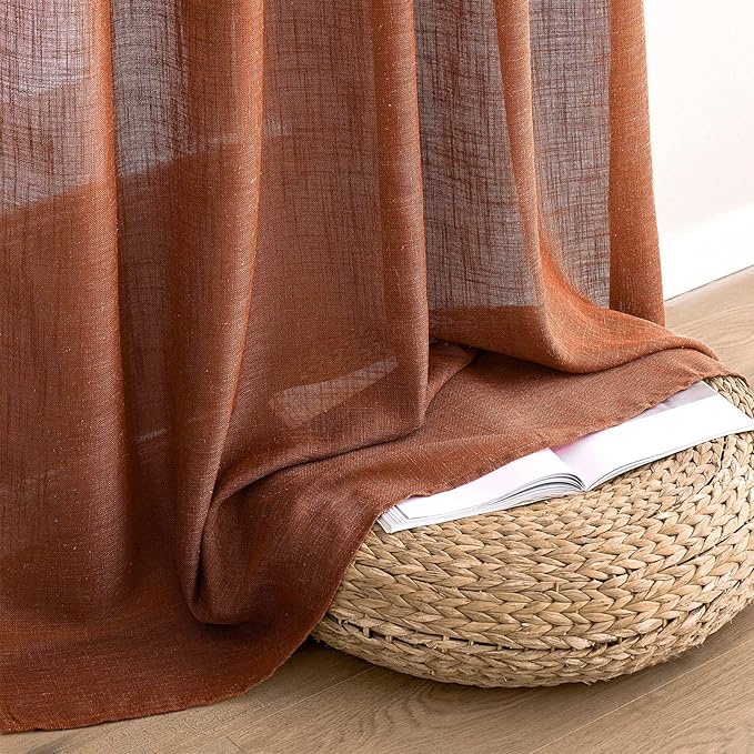 MIULEE Burnt Orange Linen Curtains 108 Inches Long for Living Room, Soft Thick Linen Textured Window Drapes Terracotta Rust Boho Fall Decor Semi Sheer Light Filtering Rod Pocket Back Tab, 2 Panels