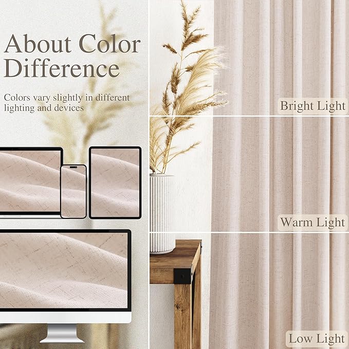 Nanspring Natural White Linen Curtains 96 Inches Long for Living Room Light Filtering Neutral Farmhouse Decor Curtains Back Tab and Rod Pocket Privacy Sheer Curtain for Bedroom 52x96, 2 Panels