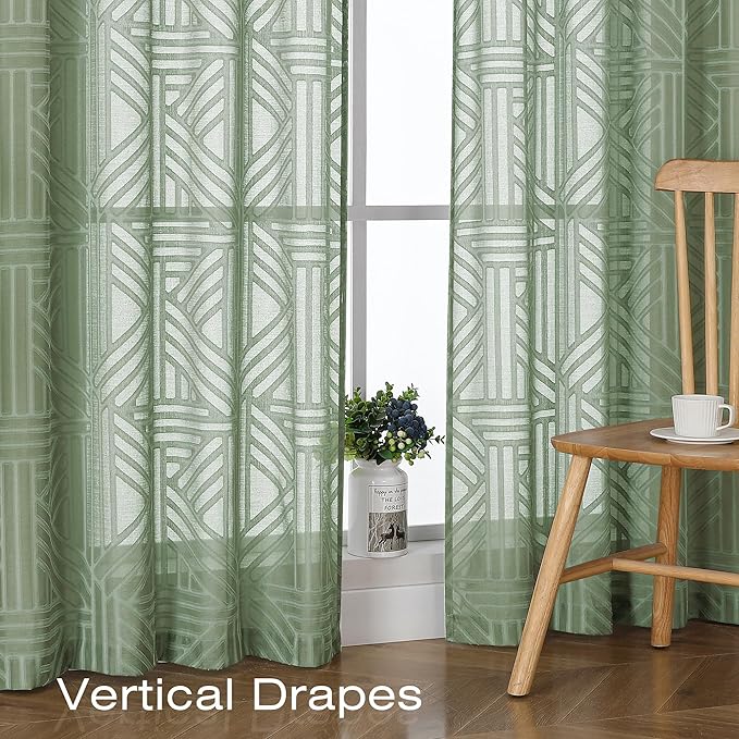 Simplebrand Sage Green Semi Sheer Curtains 96 Inches Long 2 Panels, Light Filtering Geometric Jacquard Clip Textured Sheer Curtains for Living Room，Modern Elegant Window Curtains Drapes，42x96 inch