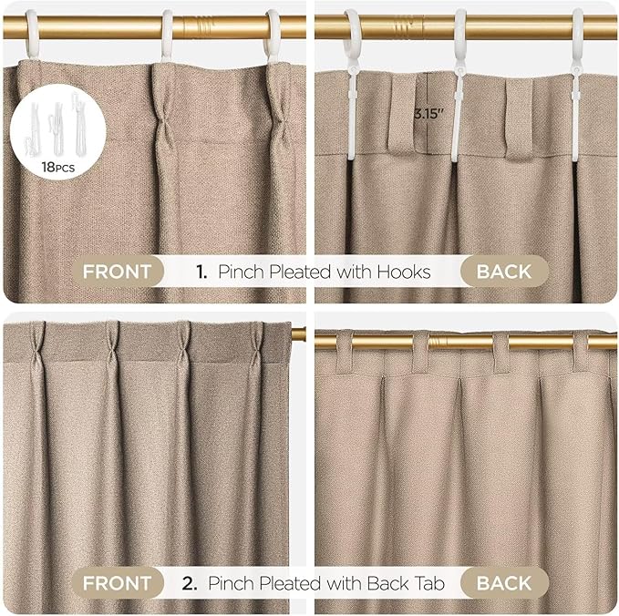 Joydeco Thick Linen Pinch Pleated Curtains 96 Inch Long 2 Panel Set for Living Room, Double-Faced Curtain for Bedroom, Back Tab Blackout Drapes with Adjustable Hooks (40”W x96”L,Thick Linen)