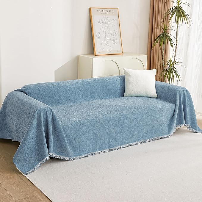 MYSKY HOME Couch Cover Sofa Covers, Sectional Couch Covers for 2-3 Cushion Couch Sofa, Chenille Sofa Slipcovers, Futon Covers, Machine Washable, Soft Furniture Protector for Kid, 71" x 134", Blue