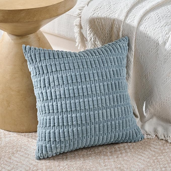 Fancy Homi 4 Packs Boho Light Blue Decorative Throw Pillow Covers 22x22 Inch for Couch Bed Sofa, Rustic Modern Farmhouse Home Decor, Soft Plush Corduroy Cute Square Cushion Case 55x55 cm