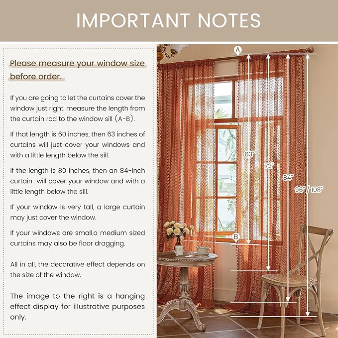 WAZZIO Boho Lace Curtains 102 Inches 2 Panel,Light Filtering Privacy Tassel & Geometry Crochet Semi Sheer Curtain Drapes for Bedroom Living Dining Room,Rod Pocket & Tassel,Full Decor,Burnt Orange