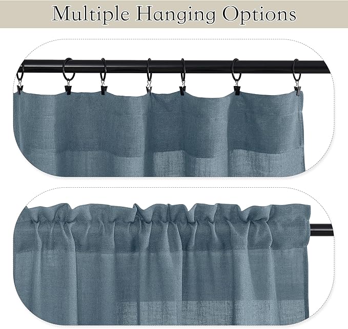 RYB HOME Linen Sheer Valacne - Window Curtains Tiers for Kitchen Bathroom Half Window Drape for Farmhouse Boho Decor, 52 x 18 inches Long, Stone Blue, 2 Panels