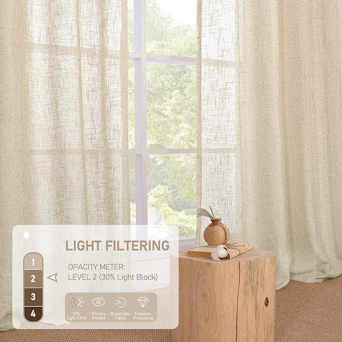 LAMIT Light Filtering Sheer Linen Curtains 102 inches Long, Linen Textured Semi Sheer Bronze Grommet Natural Boho Drapes for Living Room/Farmhouse, 2 Panels, Linen, 52 x 102 Inch