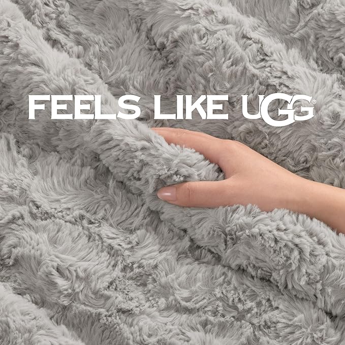 UGG Adalee Faux Fur Twin Blanket, Fluffy Blanket for Bed, Cozy Oversized Throw for Couch, Washable Twin XL Bedding, Luxury Home Decor, 66" x 90", Seal Grey