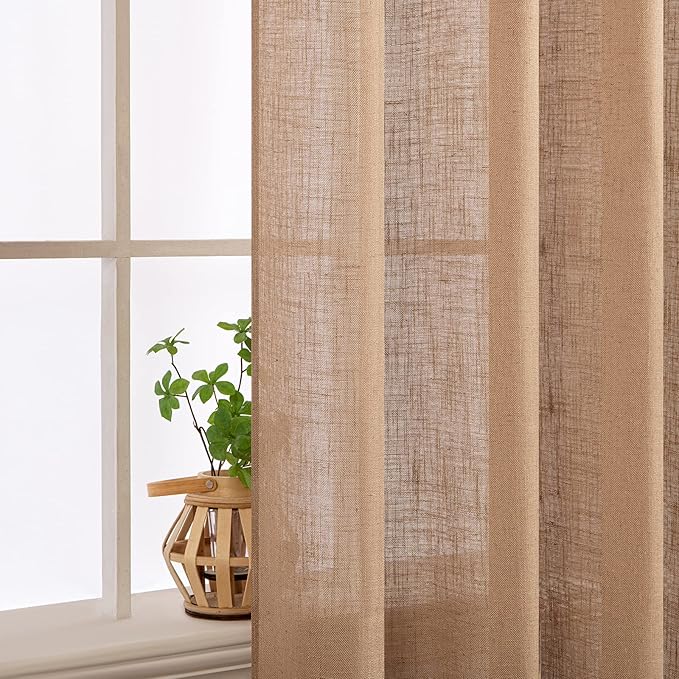 MIULEE Brown Linen Curtains 90 Inch Length 2 Panels for Bedroom Living Room, Soft Thick Linen Textured Window Drapes Semi Sheer Light Filtering Back Tab Rod Pocket Burlap Look Decor, W37xL90