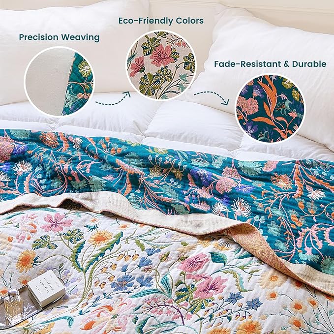 MSGKV The Boho Layer: 60"x80" Cotton Throw Blanket – Full Size for Couch Snuggles, Twin Bed Topper | Lightweight & Breathable Reversible Maximalist Colorful Floral, Decorative Accent