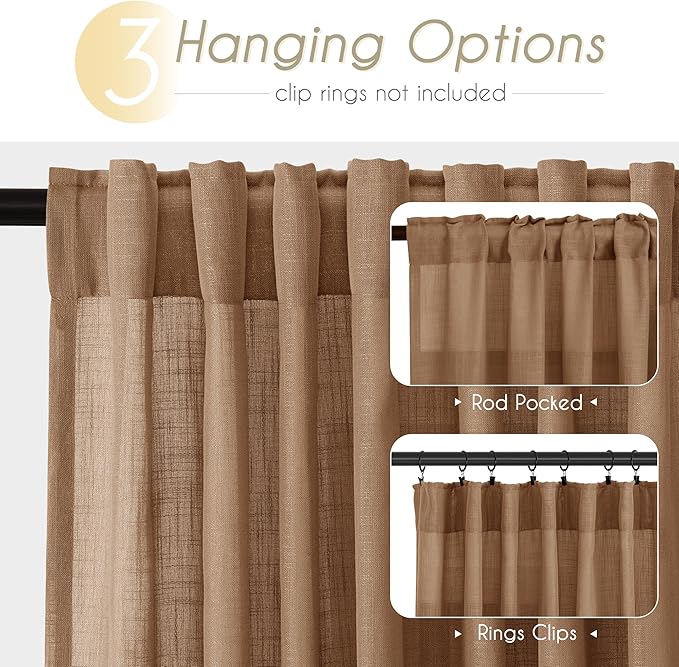 Brown Curtains for Living Room Back Tab Modern Farmhouse Semi Sheer Curtains 90 inches Long 2 Panels Set Muted Neutral Window Curtain for Dining Room Bedroom 52x90