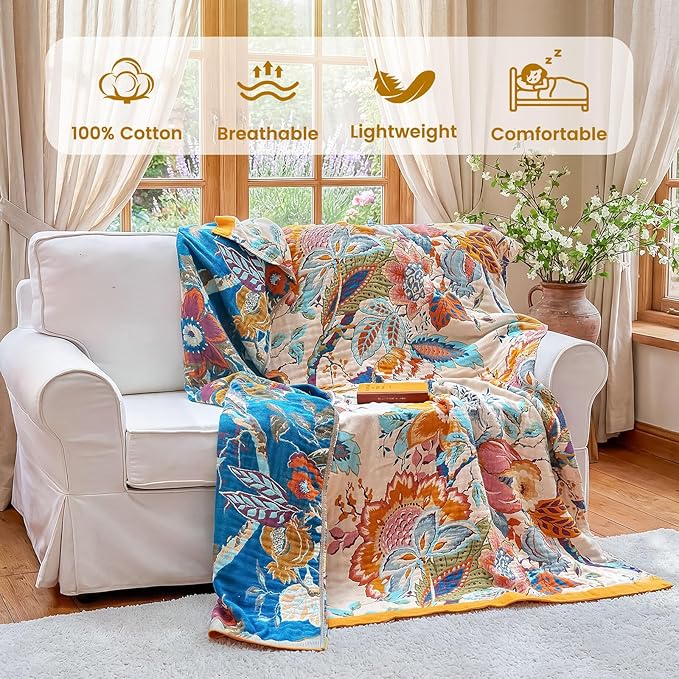 MSGKV Boho Throw Blanket 50"x60" Floral Cotton Blanket for Couch Sofa Spring Breathable Lightweight Farmhouse Blankets Home Decor Muslin All Seasons