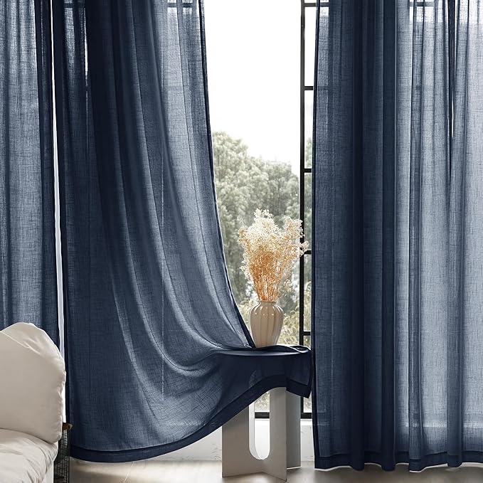 Navy Blue Curtains 80 inch Length for Bedroom Back Tab Light Filtering Semi Sheer Blue Living Room Curtains Linen Cotton Textured Indigo Blue Drapery Panel Modern Farmhouse Aesthetic Decor Dark Blue