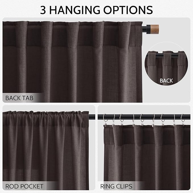 Nanspring Cocoa Coffee Linen Blend Light Filtering Back Tab Curtains 108 Inches Long, Semi Sheer Privacy Drapes for Living Room & Bedroom, 52x108 inch, 2 Panels