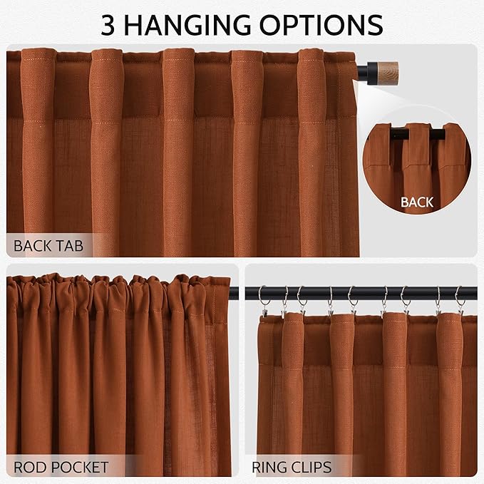 Nanspring Rust Linen Curtains for Living Room 72 Inches Long Light Filtering Semi Sheer Curtain Back Tab and Rod Pocket Vintage Rustic Luxury Home Decor Drapes for Bedroom Office 52x72, 2 Panels