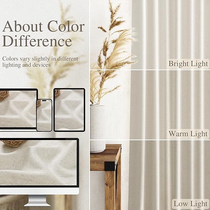Nanspring Mousse White Linen Curtains 120 Inches Long for Living Room Light Filtering Semi Sheer Curtain Back Tab Coastal Decor Luxury Floor to Ceiling High Window for Bedroom 52x120, 2 Panels