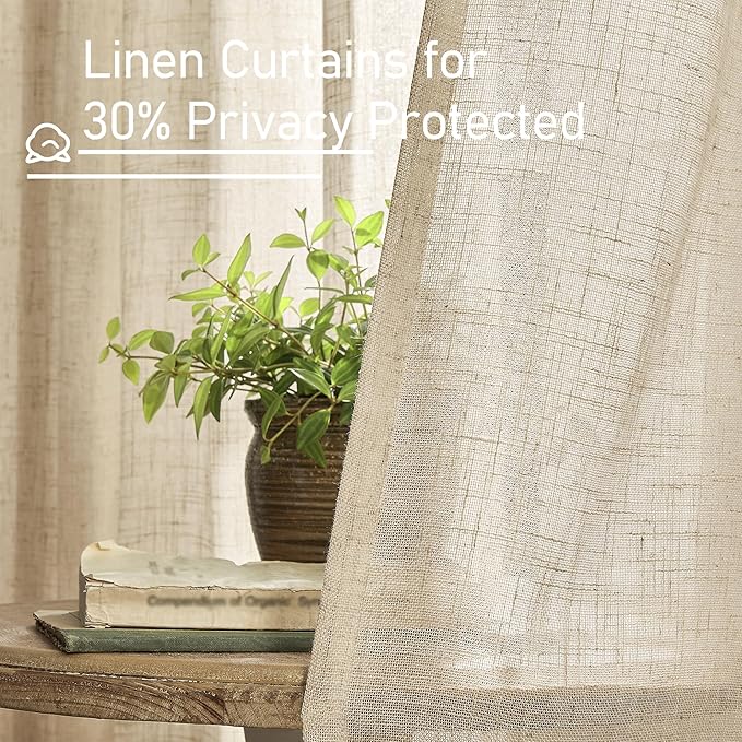 LAMIT Brown Linen Curtains 24 Inch Length, Semi Sheer Light Filtering Window Panels Back Tab and Rod Pocket Drapes for Basement/Small Windows, 25 x 24 Inch, 2 Panels