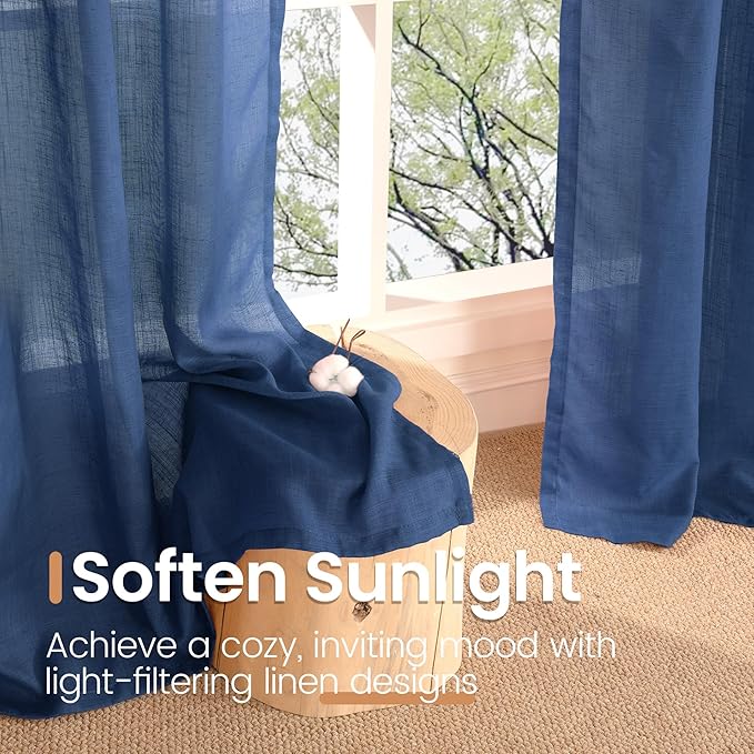 BGment 102 Inch Length Navy Blue Linen Curtains for Living Room, Semi Sheer Window Drapes Extra Long Light Filtering for Bedroom with Rod Pocket Lightweight, 2 Panels Set, Each 52 Inch Wide