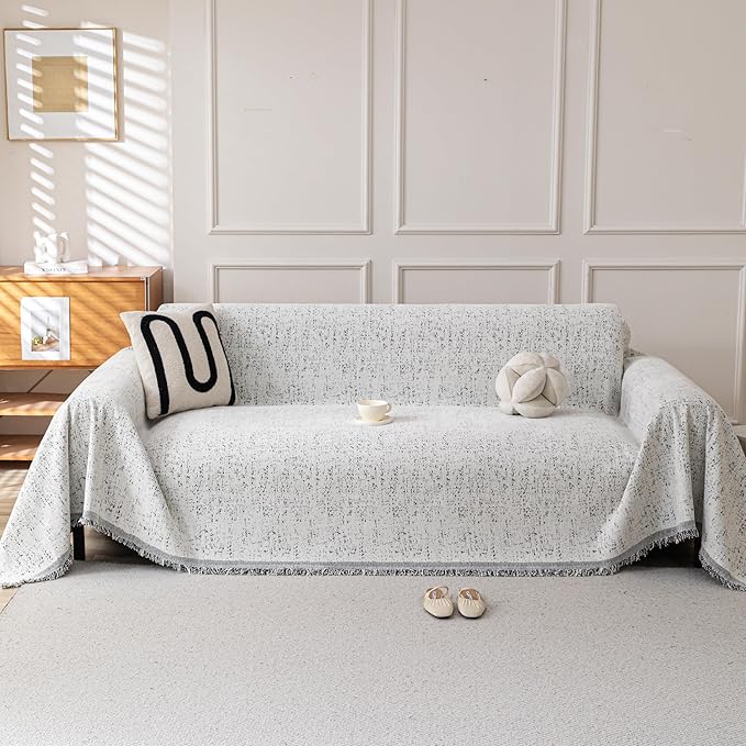 Couch Cover for Dogs, Boho Sofa Covers for 3 Cushion Couch, Chenille Slipcover for Pets Washable, L-Shape Sectional Couch Loveseat Cover Soft Throw Blankets with Tassels(71x102,Speckled Grey)