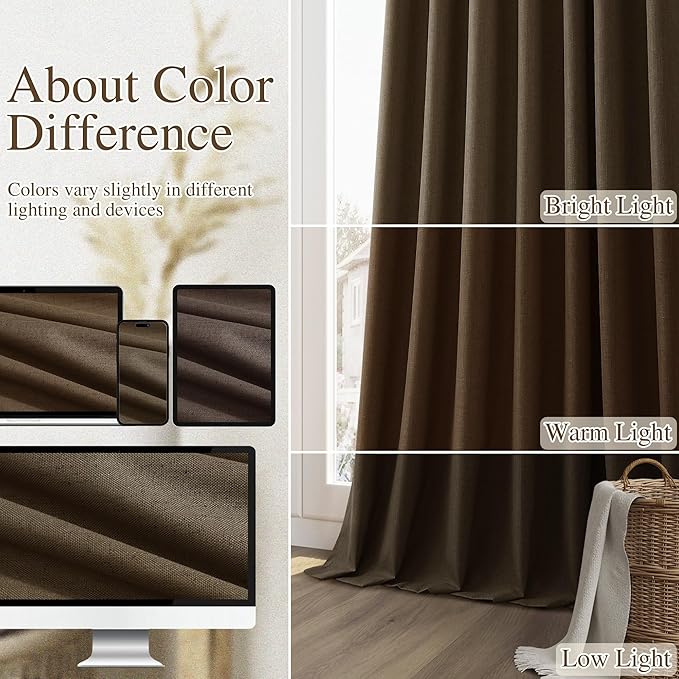 Guken 100% Blackout Curtains 90 Inch Length 2 Panels Set for Living Room Bedroom Back Tab Thermal Insulated Black Out Linen Drapes Room Darkening Chocolate,52x90