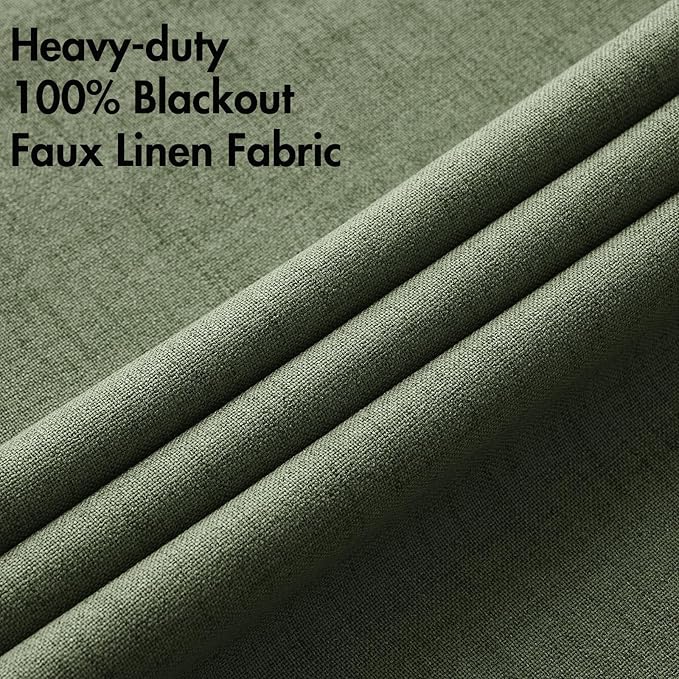 MIULEE 100% Blackout Linen Textured Curtains for Bedroom Solid Thermal Insulated Olive Green Grommet Room Darkening Curtains & Drapes Luxury Decor for Living Room Nursery 42 x 63 Inch (2 Panels)