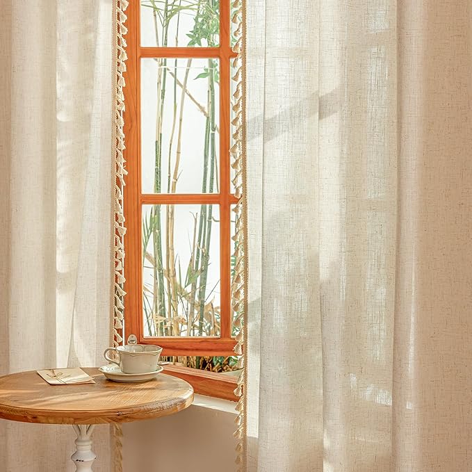 MYSKY HOME Bohemian Linen Sheer Macrame Curtains 72 Inch Length, Back Tab Country Farmhouse Light Filtering Privacy Short Drapes for Bedroom Living Room, 50" W×72" L, Linen, 2 Panels