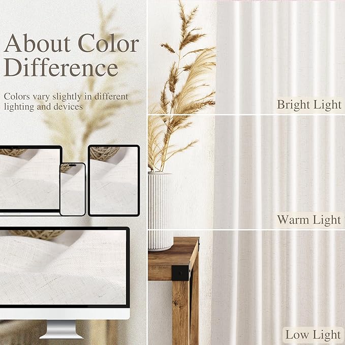 Nanspring Ivory White Curtains 80 Inches Length for Living Room Back Tab Rod Pocket Semi Sheer Linen Drapes Muted Neutral Boho Linen Window Curtain for Bedroom/Dining Room 52X80 Inches