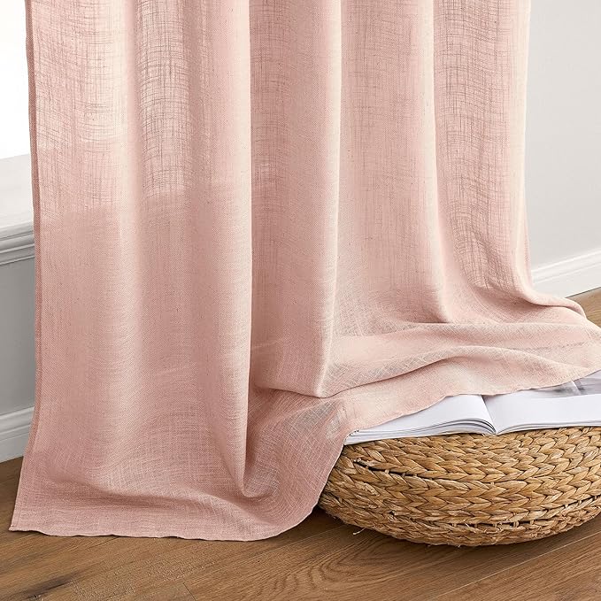 MIULEE Blush Pink Linen Curtains 96 Inches Long 2 Panels for Girls Bedroom Nursery, Soft Thick Linen Textured Window Drapes Semi Sheer Light Filtering Back Tab for Kids Living Room Light Pink Decor