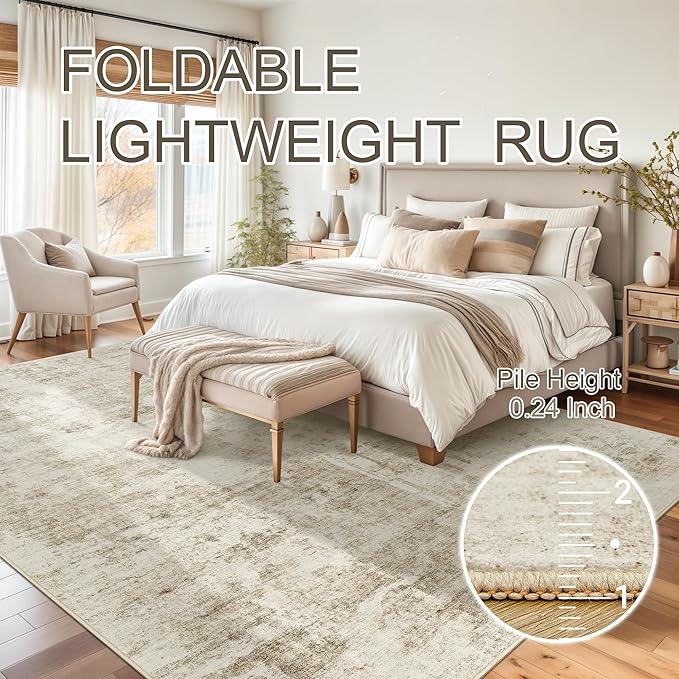 6x9 Abstract Area Rugs for Living Room 6 x 9 Washable Non Slip Low Pile Gray Rugs for Bedroom Dining Room Foldable Thin Beige Gray