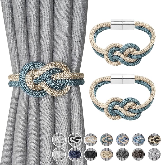 NICEEC 2 Pack Mini Magnetic Curtain Tiebacks Nordic Simple Style Drape Tie Backs Elegant Hand Weave Rope Knot Decorative Curtain Holdbacks for Home & Office Thin Window Drapery (Teal & Beige)