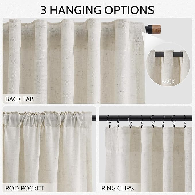 Nanspring Mousse White Linen Curtains 120 Inches Long for Living Room Light Filtering Semi Sheer Curtain Back Tab Coastal Decor Luxury Floor to Ceiling High Window for Bedroom 52x120, 2 Panels