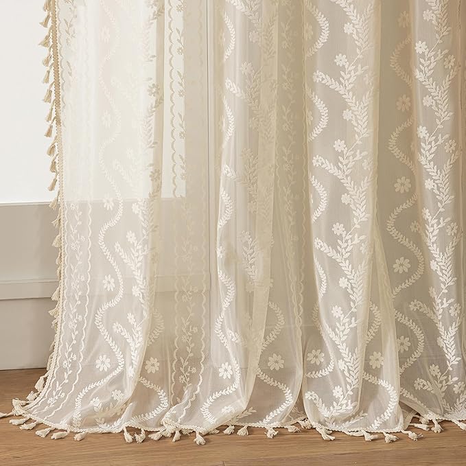 WAZZIO Boho Lace Curtains 2 Panels 84 Inches Long-Cute Vintage Victorian Sheer Panels with French Country Flower Pattern & Tassel Light Filtering Privacy for Bedroom Dining Living Room,Beige