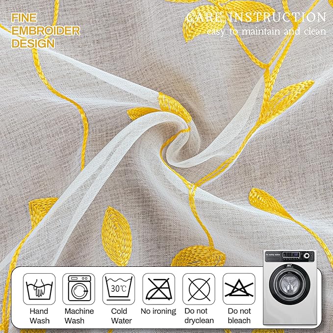 AmHoo 2 Panels Embroidered Leaf Pattern Semi Sheer Curtains Foliage Floral Voile Window Draperies Treatment for Bedroom Living Room Rod Pocket White Gold Yellow 53 x 63 Inch