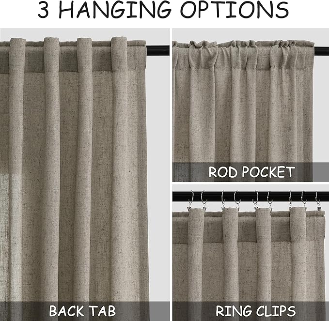 Extra Long Curtain 108 Inches Long 2 Panels Set Back Tab Mocha Linen Drapes for Living Room Neutral Farmhouse Light Filtering Semi Sheer Linen Curtains 108 Inch Length for Large Window 9 FT Tall
