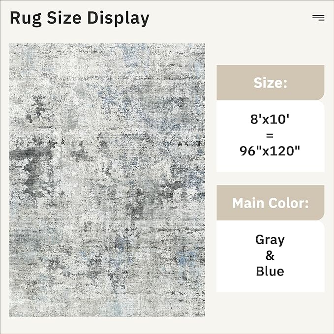 Abstract Rug 8x10 Large Living Room Rugs Neutral Modern Washable Area Rugs for Bedroom Dining Room Non-Slip Stain Resistant Foldable Thin Rug Gray Blue