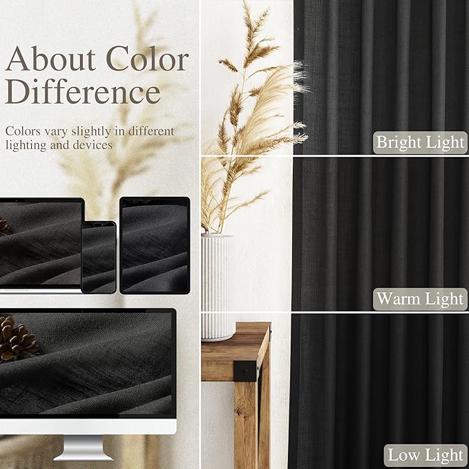 Linen Black Curtains 135 inch Extra Long for Living Room Back Tab Light Filtering Semi Sheer Drapes Modern Farmhouse Coastal Decor Cotton Textured Curtain for Floor to Ceiling High Window 52x135