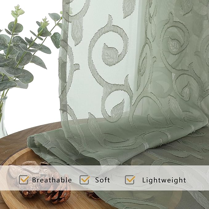 OWENIE Furman Extra Long Sheer Sage Green Curtains 96 inches Long for Bedroom Living Room 2 Panels Set, Light Filtering Soft Semi Sheer Jacquard Clip Farmhouse Curtains Rod Pocket Design, 52Wx96L inch