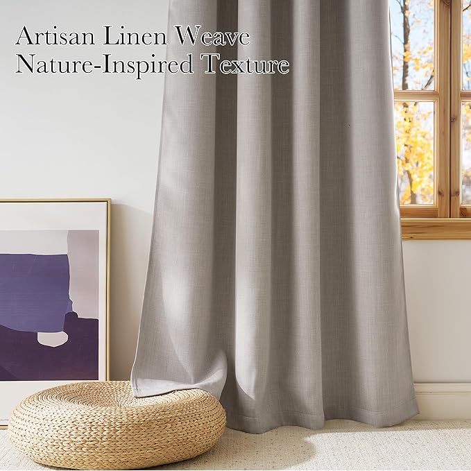 NICETOWN Angora Faux Linen Room Darkening Rod Pocket Curtains 63 inch Length, W42 x L63, Light Blocking Thermal Insulated Noise Reducing Drapes for Bedroom Living Room Farmhouse Decor, 2 Panels