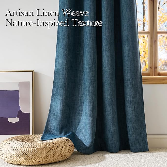 NICETOWN Stone Blue Faux Linen Room Darkening Rod Pocket Curtains 63 inch Length, W42 x L63, Light Blocking Thermal Insulated Noise Reducing Drapes for Bedroom Living Room Farmhouse Decor, 2 Panels
