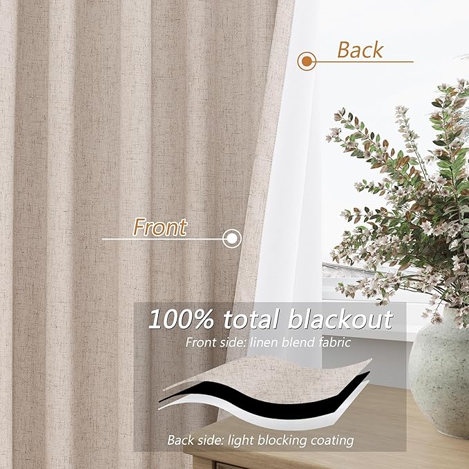 Guken Oatmeal 100% Blackout Curtains 108 Inch Length 2 Panels Set for Living Room Bedroom Back Tab Thermal Insulated Black Out Linen Drapes Room Darkening Window Curtains 108 Inches Long