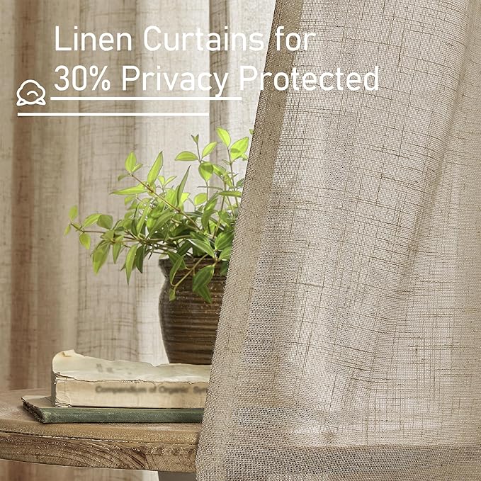 LAMIT Taupe Semi Sheer Linen Curtains 63 Inch Length, Light Filtering Panels Bronze Grommet Country Decor Drapes for Bedroom/Windows/Living Room, 2 Panels, 34 x 63 Inch