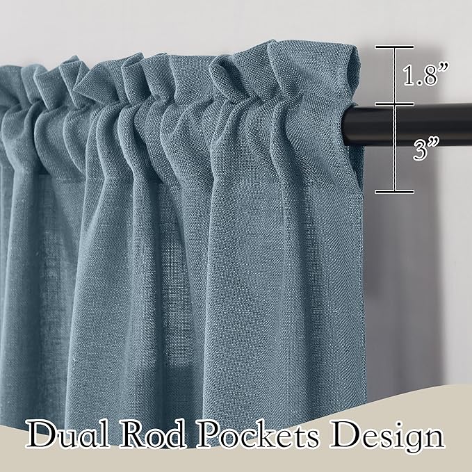 RYB HOME Linen Sheer Valacne - Window Curtains Tiers for Kitchen Bathroom Half Window Drape for Farmhouse Boho Decor, 52 x 18 inches Long, Stone Blue, 2 Panels