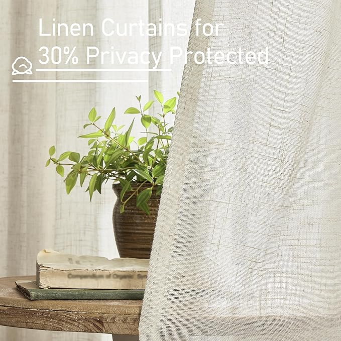 LAMIT Cafe Linen Curtains 30 Inch Length for Kitchen Windows Over Sink, Cream Ivory Semi Sheer Light Filtering Panels Back Tab and Rod Pocket Drapes for Small Window, 2 Panels, 34 x 30 Inch
