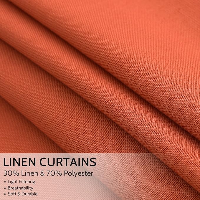 Bright Orange Curtains 63 Inches Long 2 Panel Sets for Living Room Bedroom, Light Filtering Linen Drapes for Kitchen Windows Rod Pocket or Back Tab Curtain,Semi Sheer 52x63