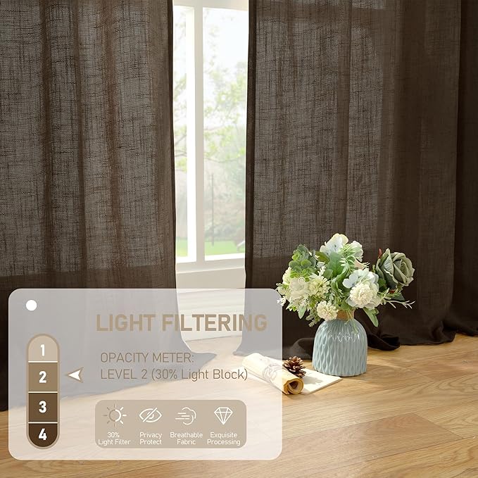 LAMIT 95 inches Long Linen Curtains for Living Room, Dark Brown Bronze Grommet Panels Light Filtering Semi Sheer Window Drapes for Bedroom/Dining Room, 2 Panels Set, 52 x 95 Inch